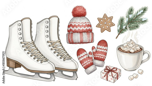 Watercolor Winter Sports and Holiday Set – Skates, Cocoa, Knitwear, and Festive Elements