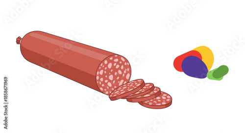 Long stick of salami sausage with several slices cut off and colorful abstract kidney shapes on the side on white.