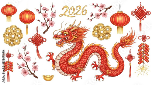 Watercolor Chinese New Year Elements – Red Dragon and Gold Details for 2026 Cards and Scrapbooking
