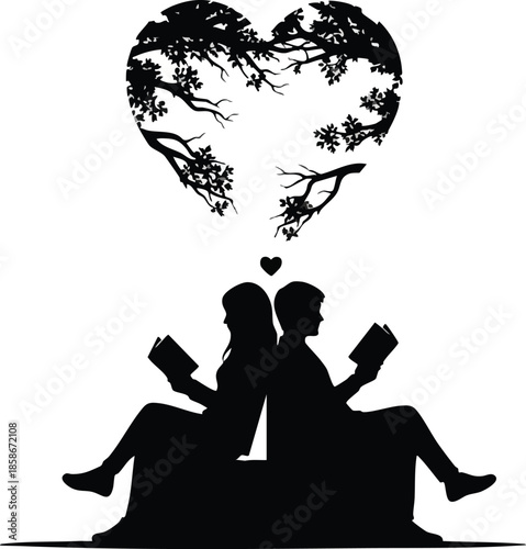 Silhouette: Couple reading under a tree shaped as heart. Romantic scene with love, education and togetherness concept.