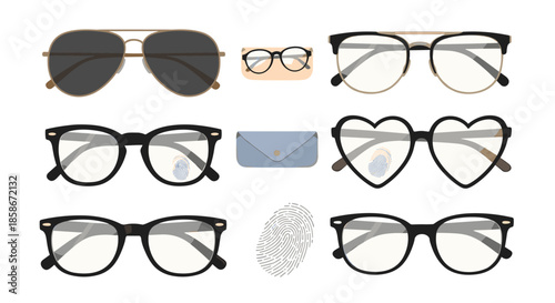 Diverse collection of eyewear including classic sunglasses heart shaped glasses optical frames case and fingerprints.