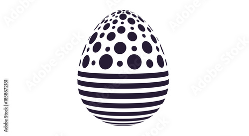 Stylized Easter egg decorated with a pattern of black dots and horizontal stripes isolated on a plain white background.