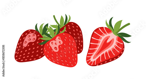 Group of three fresh whole strawberries and one halved berry with green leaves showing seeds and juicy red texture.