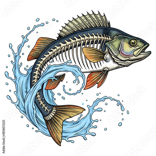 Yellow perch fish jumping with visible skeleton bone and water splash illustration