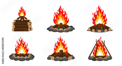 Collection of six different campfire styles featuring wood logs stones and flames for camping and outdoor activities.