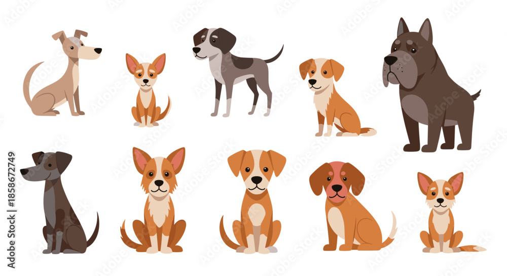 Fototapeta premium Collection of diverse dog breeds in various sizes and colors illustrated on a white background for pet care and animal lovers.