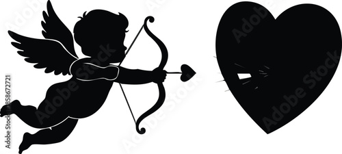 Cupid design. Cartoon of cherub angel and arrow shooting at heart. Valentines day icon.