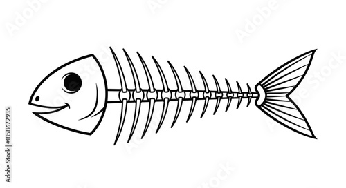 Simple black and white line art illustration of a smiling fish skeleton showing the head spine and tail bones on white.