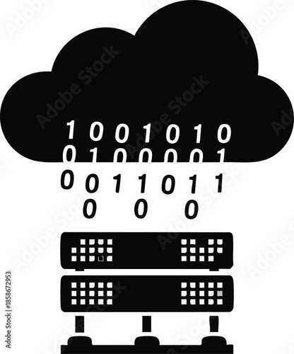 Data cloud server icon. Digital binary data and database stack. Cloud computing concept.