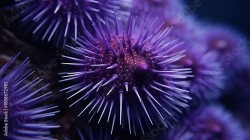Close-Up Underwater View of Vibrant Purple Sea Urchins with Long Spines and Textured Surfaces