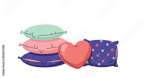 Stack of colorful soft cushions and a heart shaped pillow arranged neatly against a clean white background for interior.