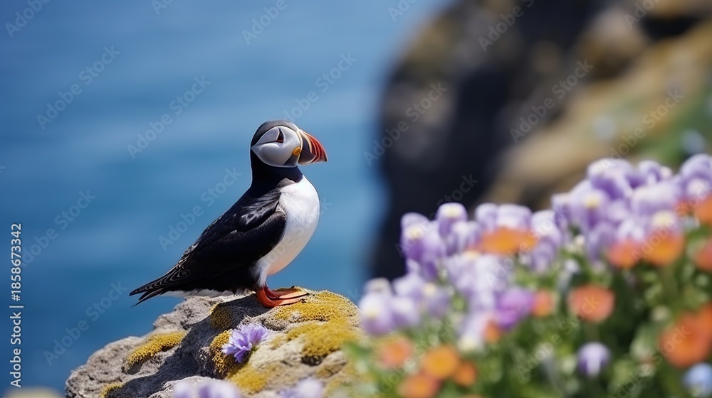 Fototapeta premium Colorful Atlantic Puffin Perched on a rocky cliff beside blooming purple flowers with a blue ocean backdrop