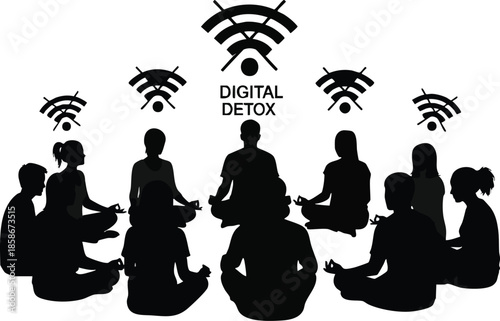 Digital detox concept. Silhouettes of people meditating with wireless icons. Escape from technology to a healthy lifestyle.