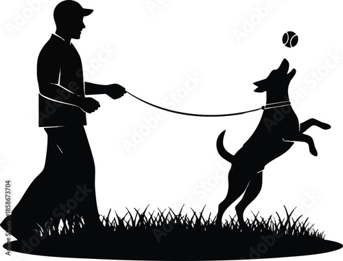Dog training vector. Silhouette of owner with playful dogs. Pet obedience.