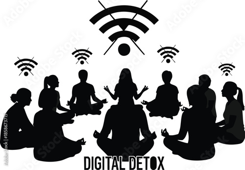 Digital Detox group illustration. People meditating around a wireless signal. Internet fasting concept.
