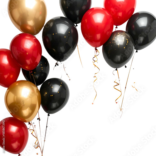 Bunch of shiny helium balloons in red, black, and gold colors, with golden streamers