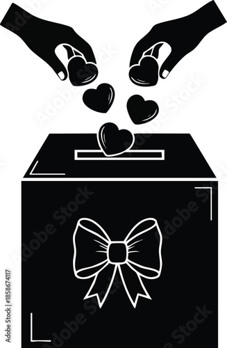 Donation Box: Hands putting hearts in box with ribbon. Love and charity concept.
