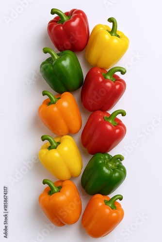 A vibrant vertical arrangement of fresh, colorful bell peppers including red, orange, yellow, and green varieties, set against a clean white background