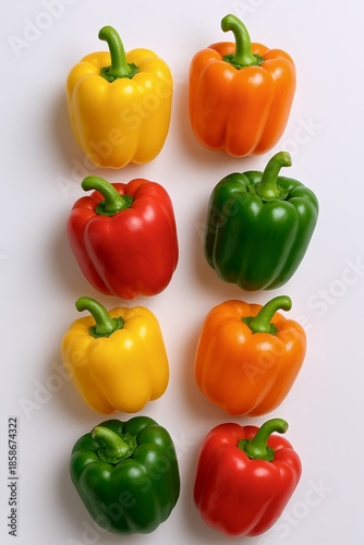 Colorful Bell Peppers Arranged in Rows, Featuring Red, Orange, Yellow, and Green Varieties