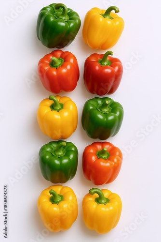 Colorful arrangement of fresh bell peppers. Vibrant red, green, and yellow capsicums neatly displayed in rows on a clean white background, highlighting natural health and culinary potential