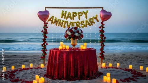 Romantic seaside anniversary celebration setup featuring shimmering red linens a large rose bouquet and glowing candlelight arrangements on the sand at dusk
