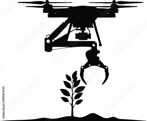 Drone planting tree icon. Silhouette of drone and plant. Ecological technology concept.