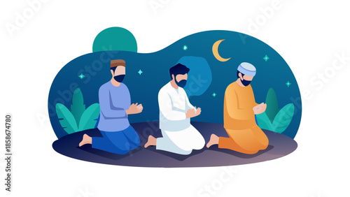 Peaceful vector illustration of Muslims performing Taraweeh prayer at night during Ramadan.
