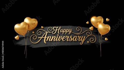 Elegant gold script text saying happy anniversary is beautifully decorated with several shiny three dimensional heart shaped balloons against a dark background.