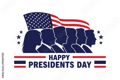 Patriotic presidents day design featuring silhouettes of leaders and the united states flag