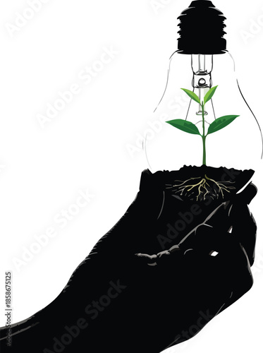 Sustainable energy bulb design. Plant inside lightbulb held by hands. Ecological solution.