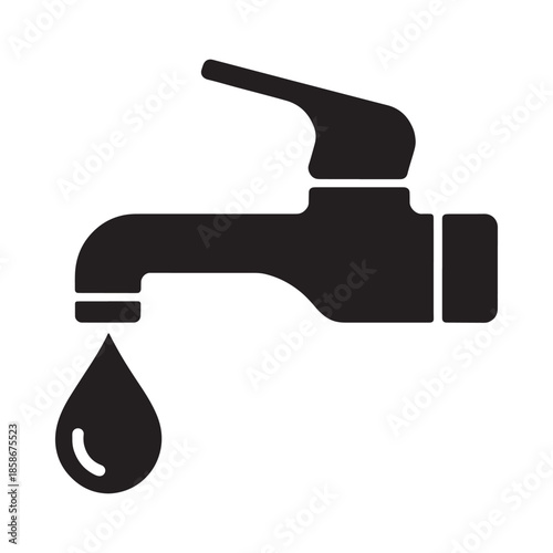 Simple black and white illustration of a water faucet with a dripping drop