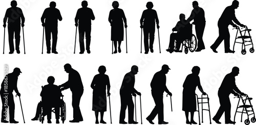 Elderly silhouettes, mobility aids, wheelchair users, senior care, aging support, healthcare concept, black icons, walking assistance, caregiver help, posture