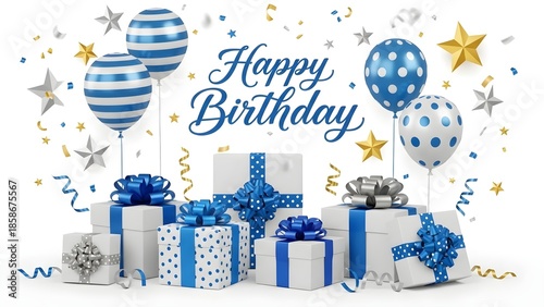 Festive arrangement featuring blue and white balloons stacked gift boxes with ribbons and sparkling confetti celebrating a happy birthday occasion