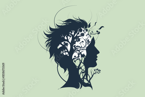 Human profile silhouette with tree branches in flowing hair, minimalist vector art of mind growth, psychology healing, spiritual awakening and nature connection