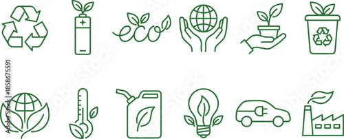 Eco friendly sustainability icons set, green energy, recycling symbols, environment protection, renewable resources, climate care concept, black outline vector illustration