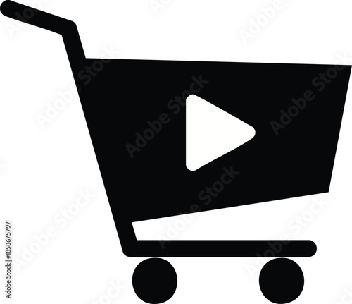E-commerce video icon. Online shopping cart symbol with media play button. Digital marketing concept.