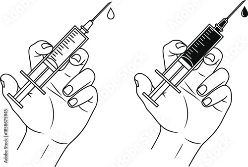Hand holding syringe illustration set, medical injection tool, vaccination healthcare concept, medicine dosage, clinical treatment, black outline vector design illustration