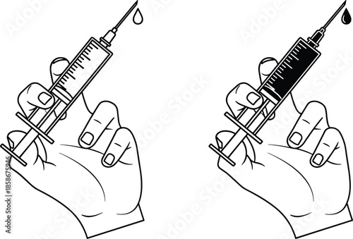 Hand holding syringe illustration set, medical injection tool, vaccination healthcare concept, medicine dosage, clinical treatment, black outline vector design icon