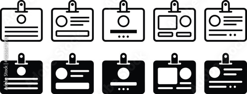 ID card badge icons set, employee identification cards, office name tags, access pass symbols, black outline solid vector illustration