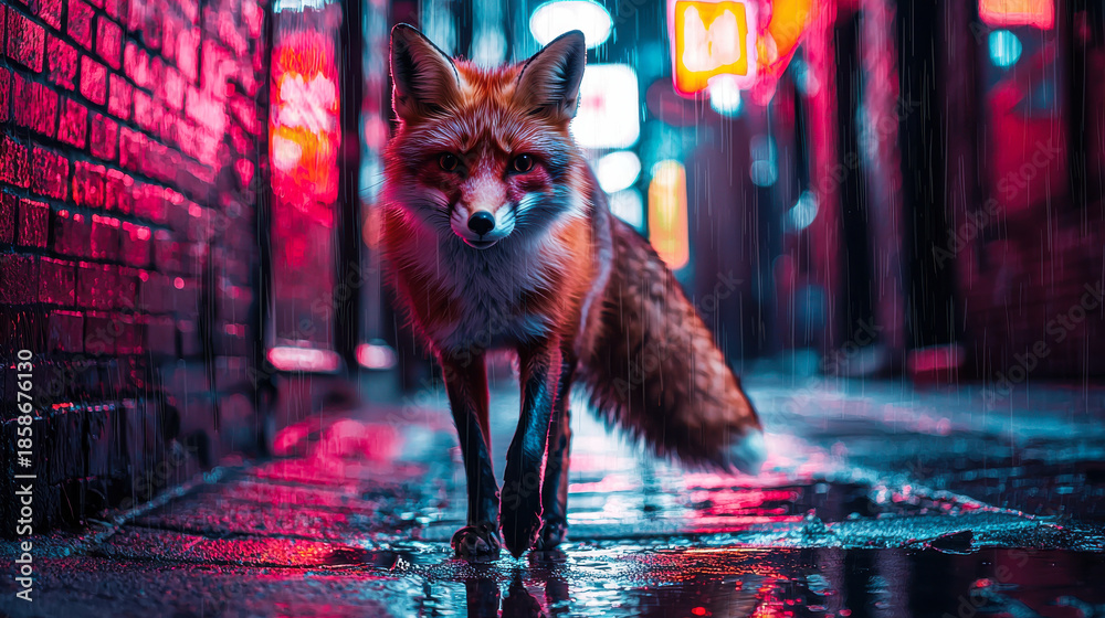 Fototapeta premium A sleek fox roams a rain-soaked, neon-lit alley, capturing a wild moment in the heart of the city