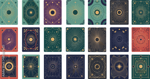 Stylized tarot card backs with celestial gold motifs—suns, moons, stars—on teal, purple, red, navy, and black backgrounds