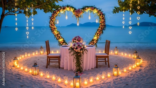 Romantic candlelit dinner setup on a secluded beach beneath a magnificent floral heart arch creating a magical evening ambiance for two.