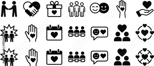Love and community line icons set, social connection, friendship, care, support symbols, charity concept, black outline vector illustration