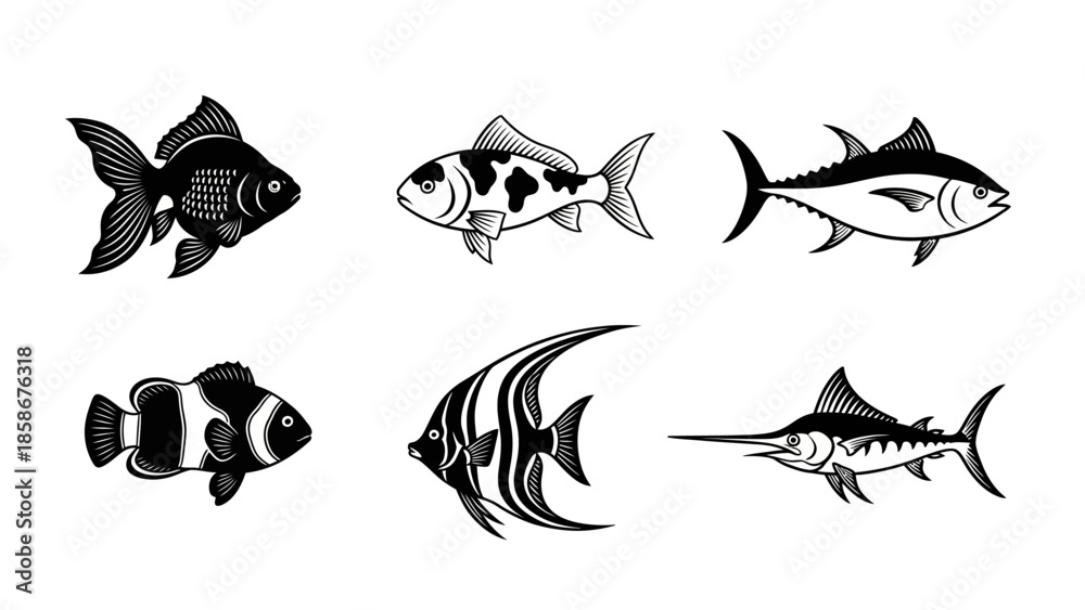 Fototapeta premium Set of black and white fish icons vector illustration collection including goldfish koi tuna clownfish angelfish and marlin sea life wildlife graphic elements for web design print and logo branding