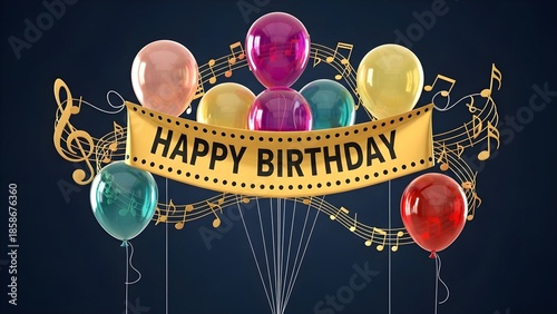 Vibrant colorful balloons frame a golden happy birthday banner surrounded by elegant musical notes against a deep blue background for celebration.