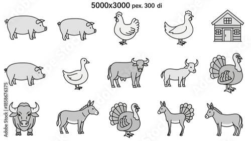 Set of farm animals and a farmhouse including pigs chickens geese buffalo cattle donkeys and turkeys in a light gray color palette