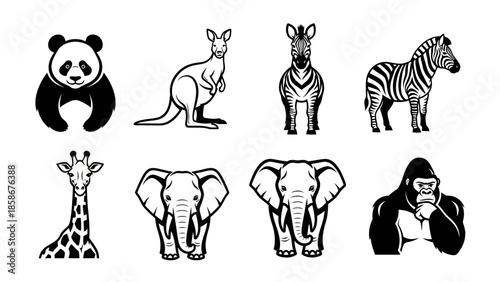 Set of wild animals including panda kangaroo zebra giraffe elephant and gorilla black and white vector icons isolated on a white background
