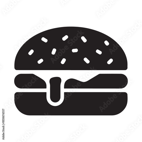 A simple black and white graphic illustration of a classic cheeseburger