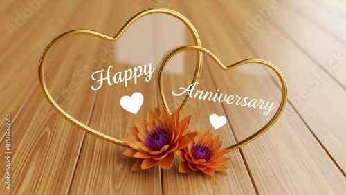Two intertwining golden heart outlines rest upon warm wooden planks adorned with bright orange flowers celebrating a happy anniversary occasion.