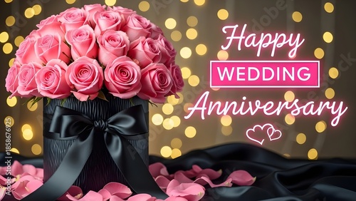 Pink rose bouquet in a black box with a satin bow presents a glowing happy wedding anniversary greeting against a soft bokeh background.